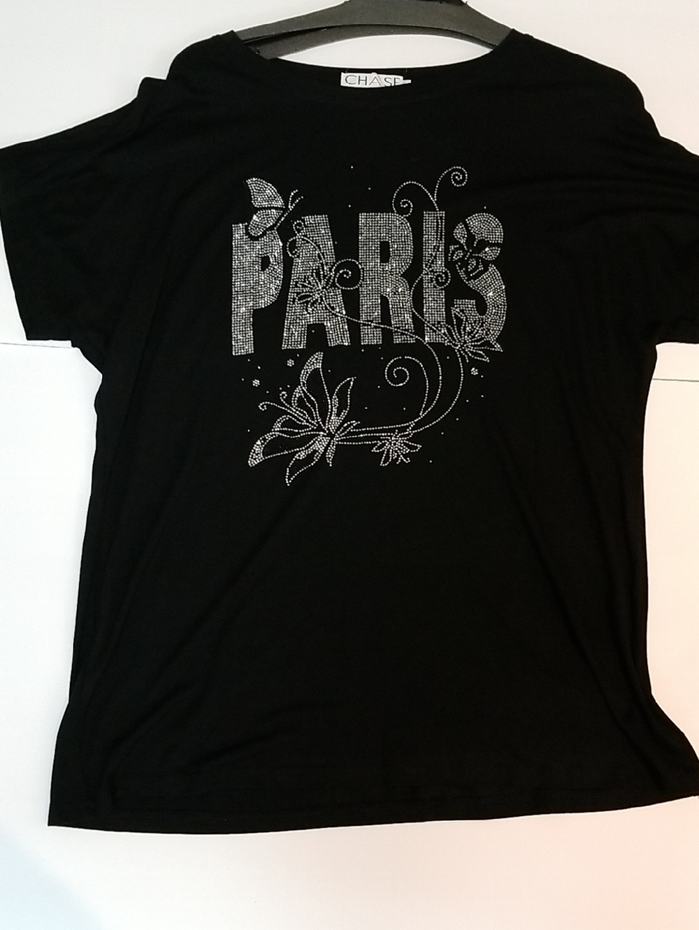 Chase + Chloe Black T-Shirt with Silver Rhinestone 'PARIS' Graphic